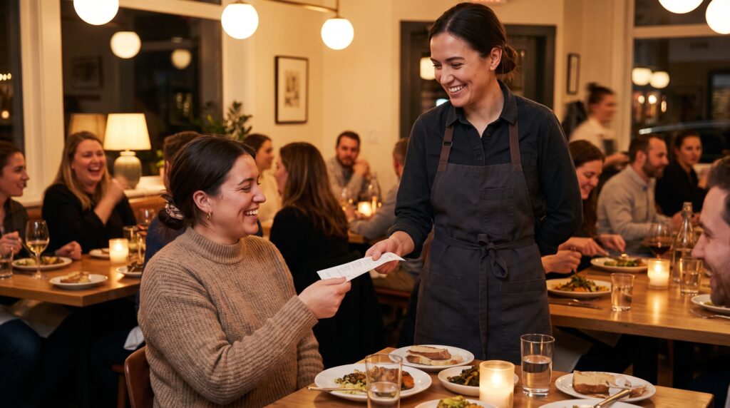 Restaurant server engaging with a satisfied customer