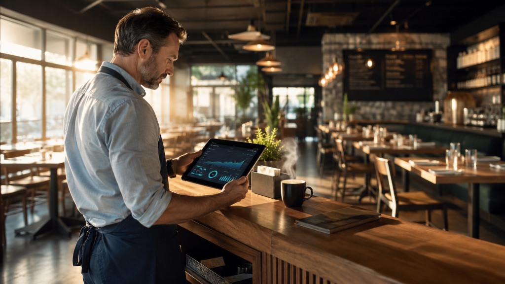Restaurant owner reviewing AI analytics dashboard before opening