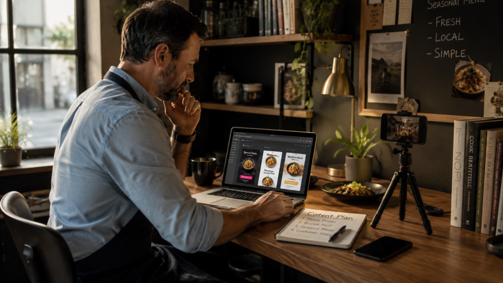 Restaurant marketing content being created on a laptop