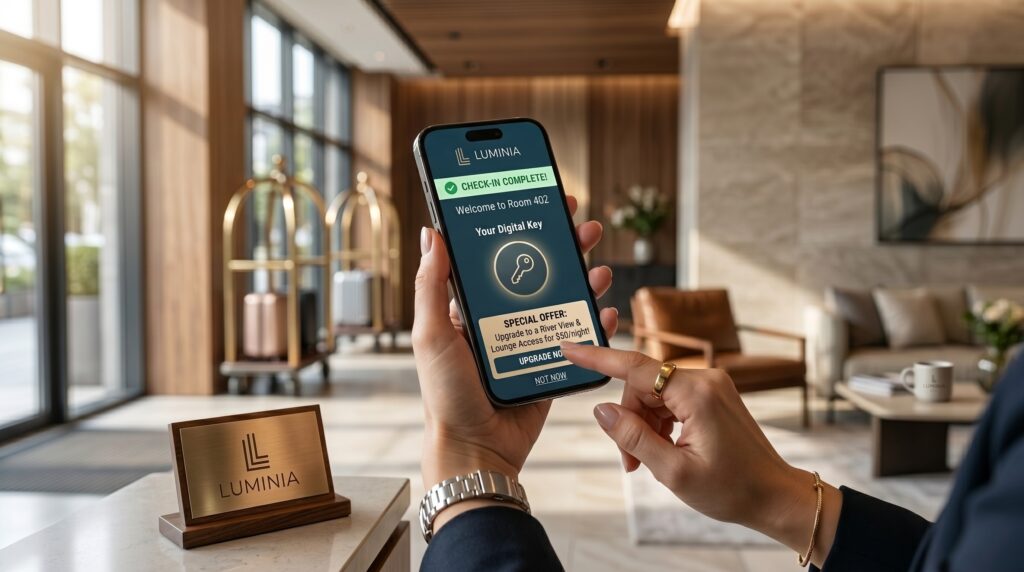 Contactless hotel check-in and AI upsell notification on smartphone