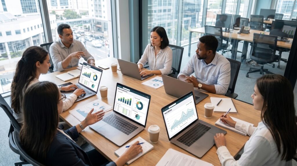 Hotel revenue team reviewing AI business intelligence reports