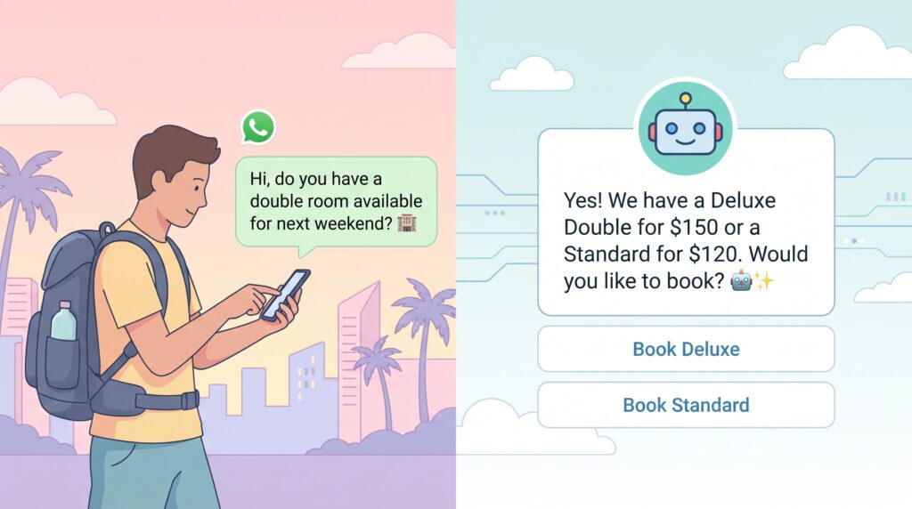 AI hotel chatbot answering booking questions on WhatsApp